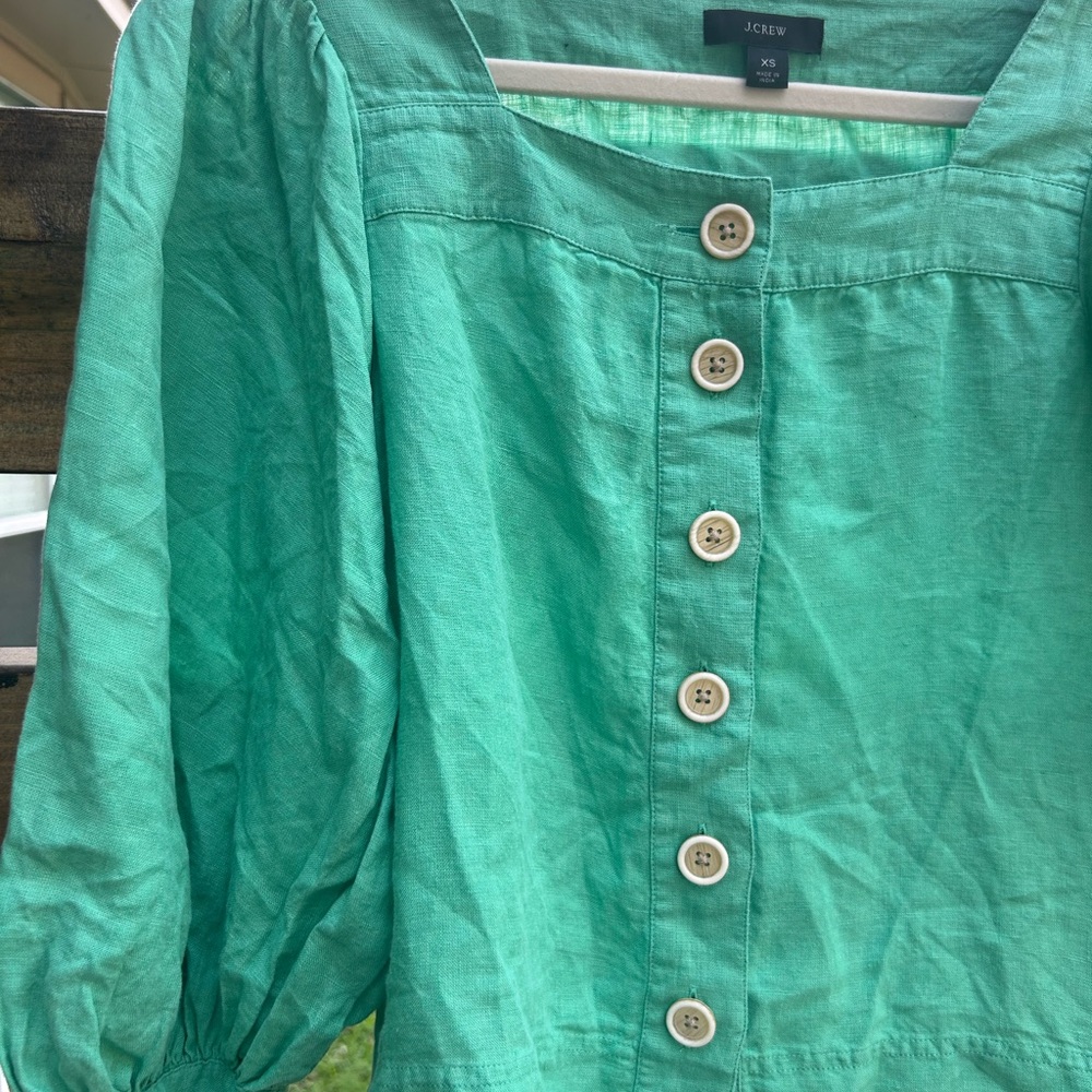 J. Crew Linen Green Button-Front  Top